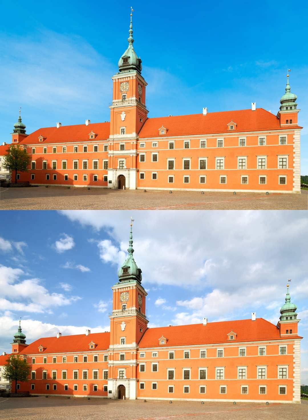 Zamek Królewski w Warszawie z wieżą zegarową, sfotografowany w dwóch wariantach oświetlenia i zachmurzenia nieba.