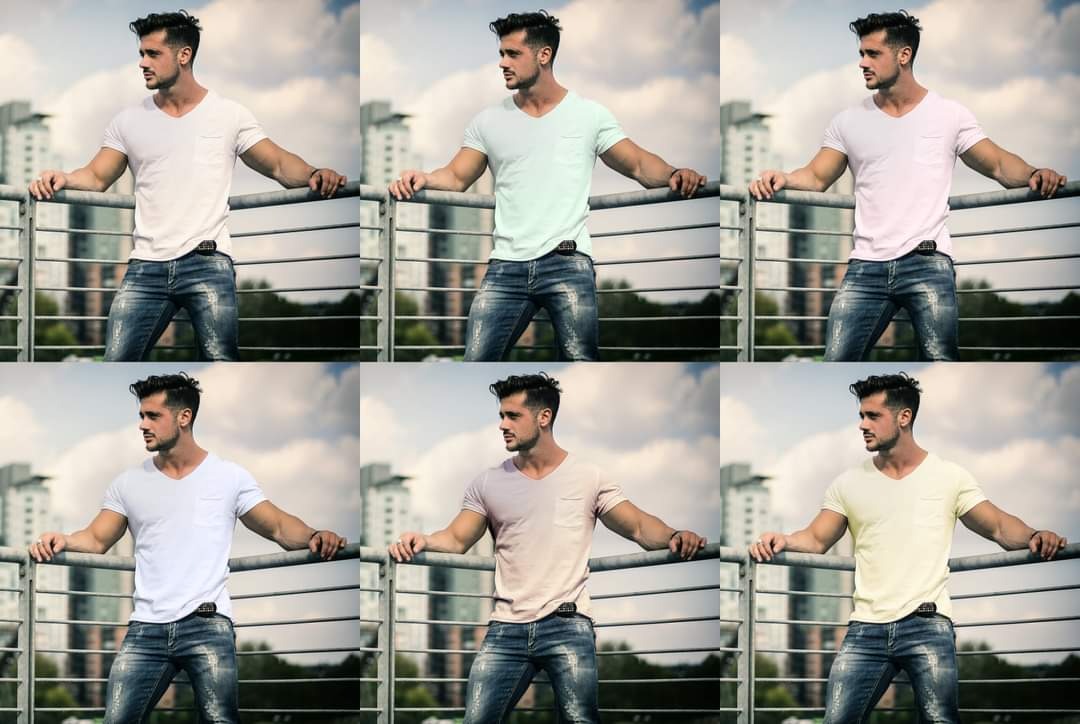 Mężczyzna prezentuje sześć wariantów kolorystycznych t-shirtu z krótkim rękawem i kieszonką, na tle miejskiego krajobrazu z budynkami i pochmurnym niebem.