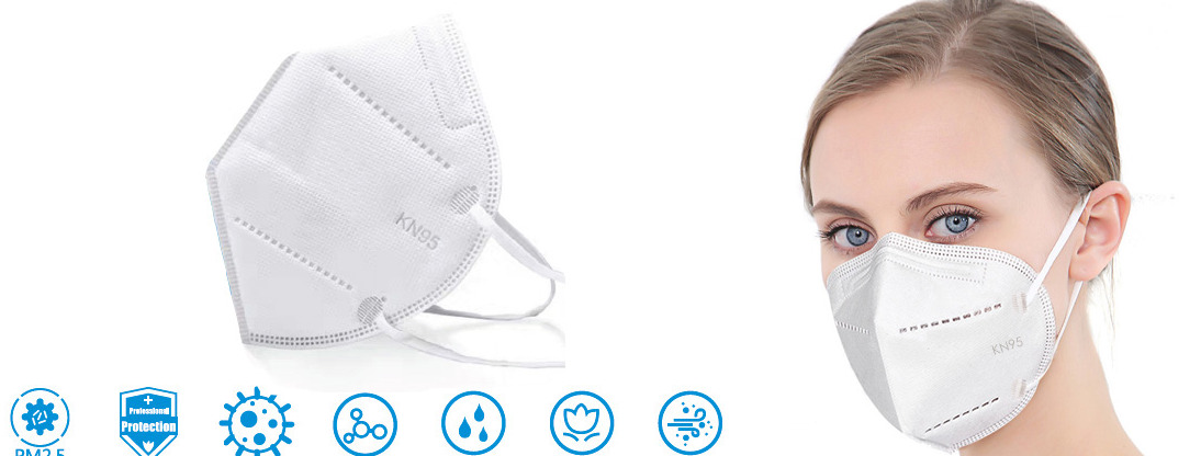 Biała maska ochronna KN95 leżąca obok kobiety w masce, ikony filtrów na dole, jasne tło.