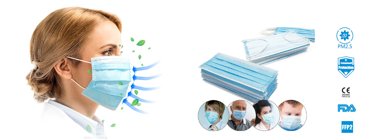 Grafika przedstawia kobietę w maseczce ochronnej z wizualizacją przepływu powietrza, obok stos maseczek i portrety osób w maseczkach; symbole PM2.5, Professional Protection, CE, FDA i FFP2.