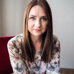 Portret kobiety z długimi brązowymi włosami i niebieskimi oczami, ubrana w kwiecistą bluzkę, siedząca na czerwonym krześle na tle jasnoszarej ściany.