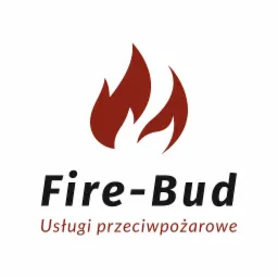 Logo firmy Fire-Bud z symbolem płomieni i napisem 'Usługi przeciwpożarowe' poniżej, na białym tle.