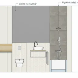 Wizualizacja łazienki z umywalką nablatową, toaletą i prysznicem, płytki heksagonalne na ścianie, szara ściana nad umywalką, płytki w odcieniach szarości pod prysznicem.