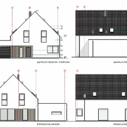 Rzut elewacji domu jednorodzinnego: północna, wschodnia, południowa i zachodnia, z zaznaczonymi wymiarami i materiałami wykończeniowymi.