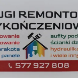 Wizytówka firmy remontowo-wykończeniowej z listą usług, w tym malowanie, szpachlowanie, glazura, terakota, układanie paneli, montaż sufitów podwieszanych i ścianek działowych oraz hydraulika,...