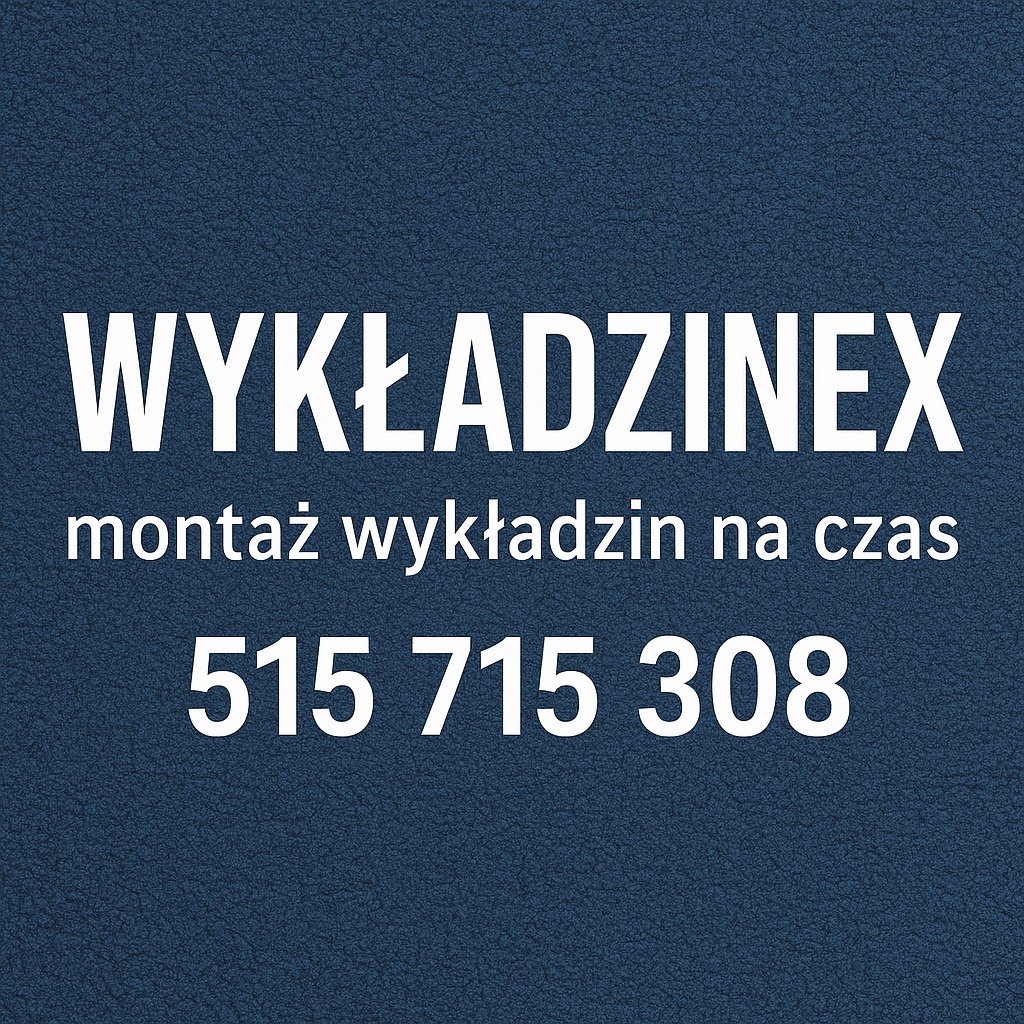 Grafika z nazwą firmy 'WYKŁADZINEX', hasłem 'montaż na czas' i numerem telefonu na teksturowanym, ciemnoniebieskim tle.