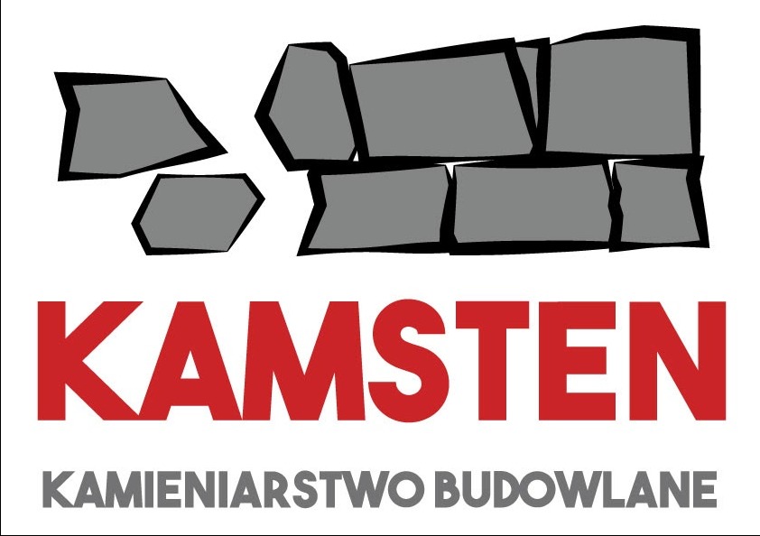 Logo firmy Kamsten z Krakowa, specjalizującej się w kamieniarstwie budowlanym, z graficznym przedstawieniem nieregularnych kamieni ułożonych w rzędzie.