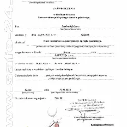 Skan zaświadczenia o ukończeniu kursu konserwatora podręcznego sprzętu gaśniczego przez Bartłomieja Grossa, wydanego w Toruniu 19.05.2018 r. przez SAFE24 Sp. z o.o. z wynikiem bardzo dobrym.