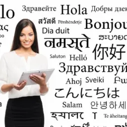 Uśmiechnięta kobieta trzyma tablet na tle napisu 'Hello' i innych powitań w różnych językach.
