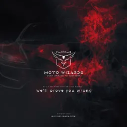 Grafika reklamowa Moto Wizards: kontur samochodu w ciemnych tonacjach z czerwonymi akcentami, logo firmy z orłem i hasłem 'digital perfection for automobiles'.