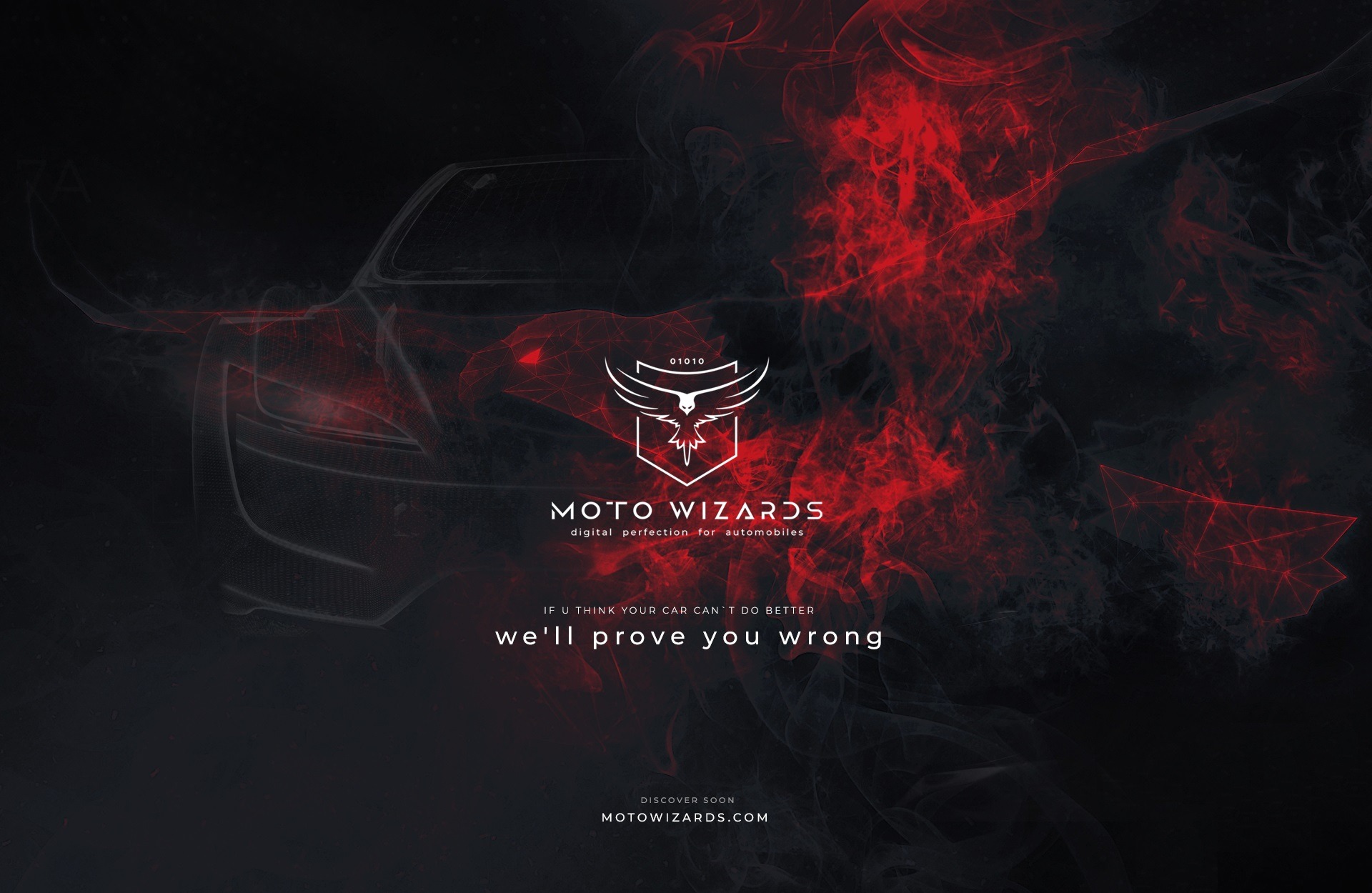 Grafika reklamowa Moto Wizards: kontur samochodu w ciemnych tonacjach z czerwonymi akcentami, logo firmy z orłem i hasłem 'digital perfection for automobiles'.