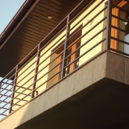 Kątowe ujęcie balkonu z metalową, poziomą balustradą w kolorze ciemnego brązu, na tle beżowej elewacji budynku z drewnianymi oknami. Widoczny fragment dachu z brązową podbitką.