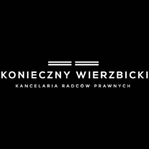 Logo Kancelarii Radców Prawnych Konieczny Wierzbicki na czarnym tle, z poziomymi liniami nad nazwą firmy.