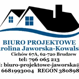 Logo biura projektowego Karolina Jaworska-Kowalska z adresem, numerem telefonu, adresem e-mail, NIP i REGON, nad stylizowanym symbolem domu z kominem.