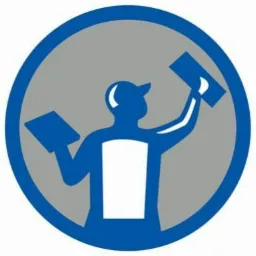 Niebieski ikoniczny wizerunek szpachlarza w szarym okręgu, trzymającego dwie pacy.