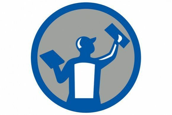 Niebieski ikoniczny wizerunek szpachlarza w szarym okręgu, trzymającego dwie pacy.