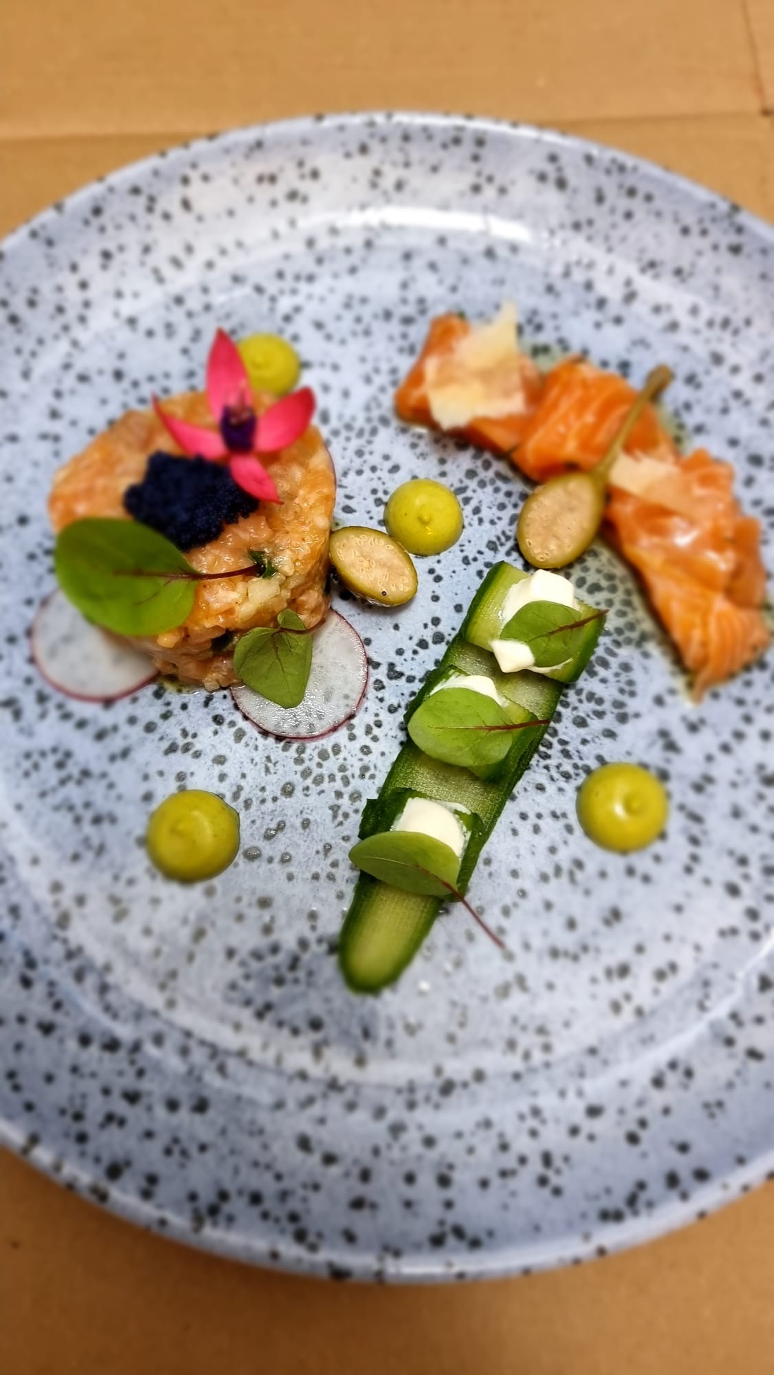 Elegancko podane danie z tatarem z łososia zwieńczonym kawiorem i kwiatem, obok plastry łososia z parmezanem, kulki z zielonego puree i ogórek z kremowym serem, na talerzu w szare plamki.