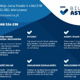 Grafika reklamowa Biura Astra z ofertą usług: podatkowa księga przychodów i rozchodów, ryczałt, kadry i płace, księgowość online, zakładanie działalności, rozliczanie PIT. Zawiera adres, numer...