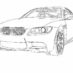 Szkic samochodu sportowego, widok z przodu i boku, z wyraźnie zarysowanymi detalami grilla, reflektorów i felg, na białym tle.