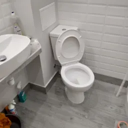 Biała toaleta z otwartą klapą, umywalka i butelka płynu do czyszczenia w odnowionej łazience z szarymi panelami podłogowymi i kafelkami na ścianach.