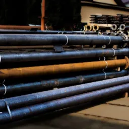 Stalowe rury z kołnierzami ułożone na drewnianych legarach, niektóre z widoczną rdzą, zabezpieczone białymi taśmami.