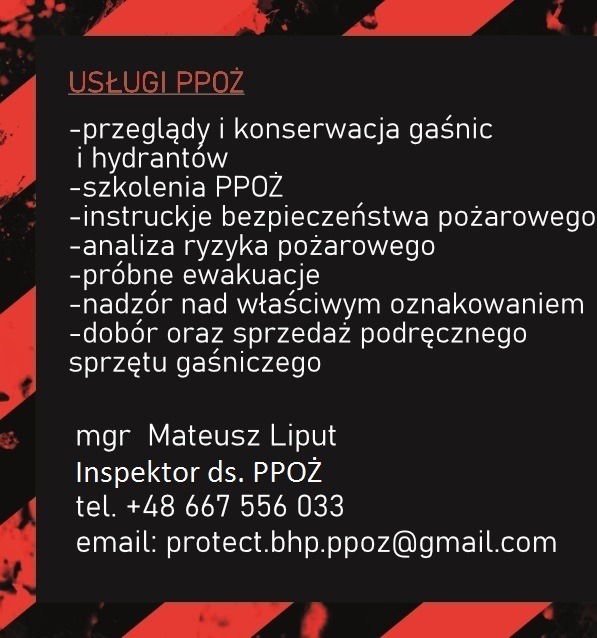 Oferta usług z zakresu ochrony przeciwpożarowej, obejmująca przeglądy gaśnic, szkolenia, instrukcje bezpieczeństwa, analizę ryzyka, ewakuacje, nadzór nad oznakowaniem oraz dobór sprzętu gaśniczego.