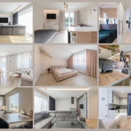 Kolaż dziewięciu zdjęć przedstawiających różne wnętrza mieszkań: salon z szarą sofą, sypialnia z łóżkiem i stolikiem, kuchnia z drewnianym blatem i czarną lodówką, jadalnia z białym stołem...