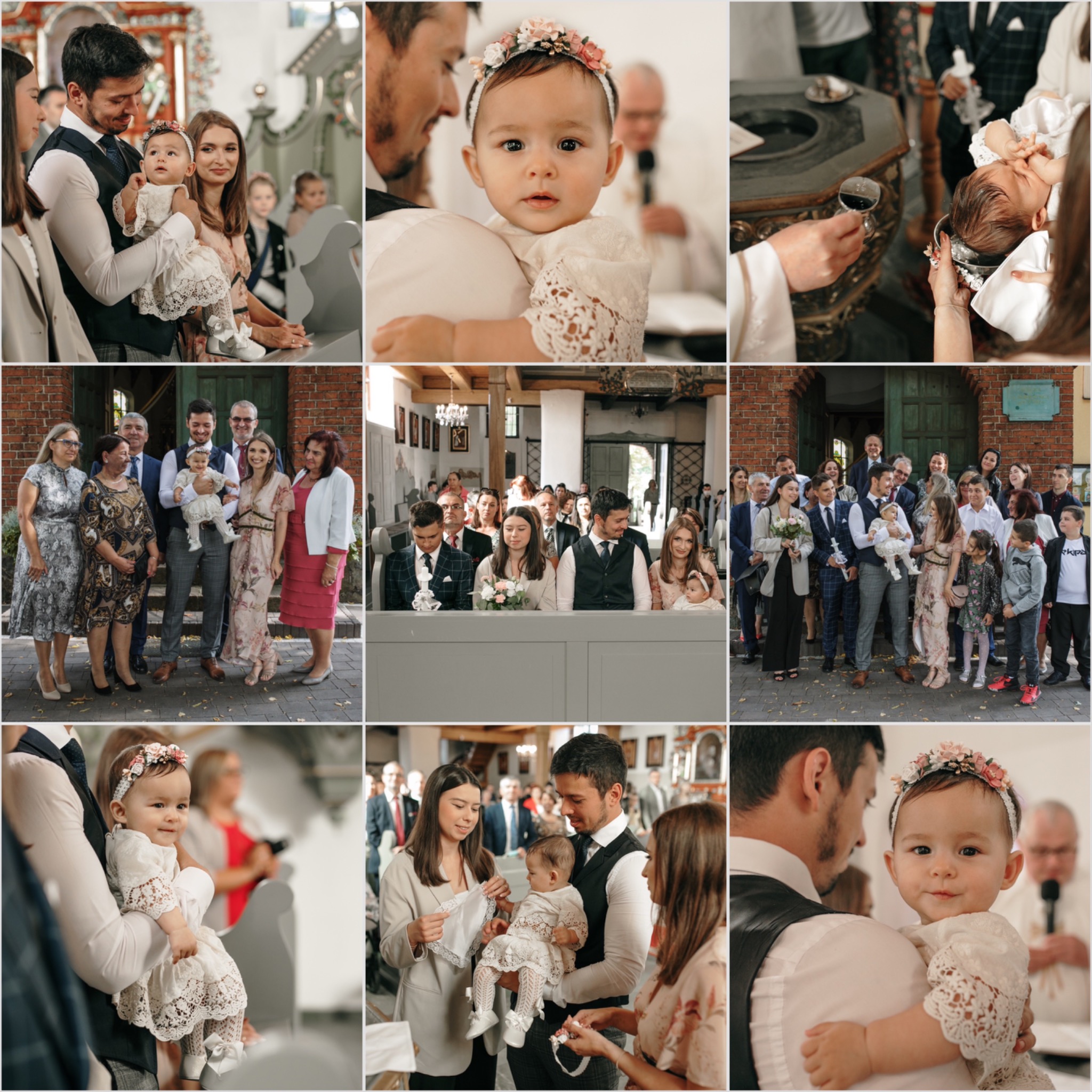 Montaż zdjęć z ceremonii chrztu: zbliżenia na dziecko w białej sukience z koronką i kwiatową opaską, rodzina w kościele i przed nim, obrzęd polewania głowy wodą.