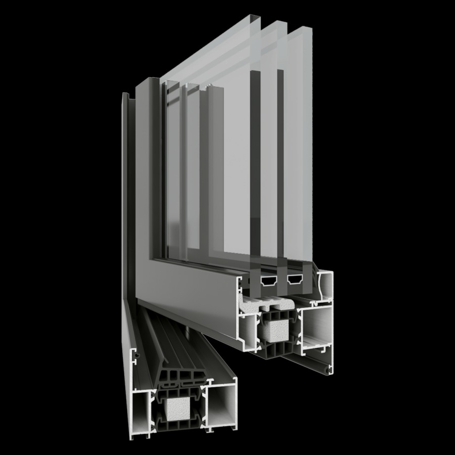 Przekrój okna aluminiowego z widoczną strukturą profili, szyb zespolonych i uszczelnień, na czarnym tle.