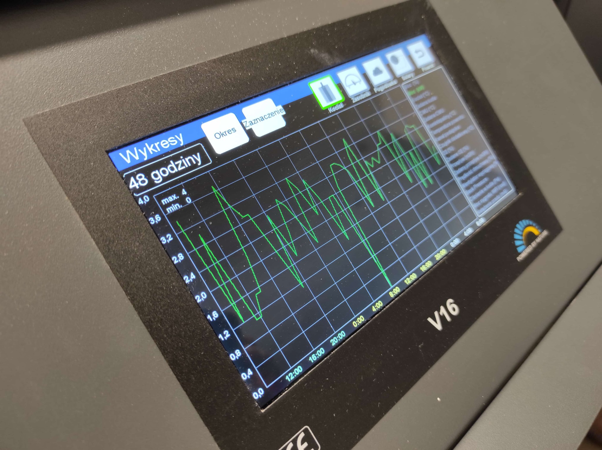Ekran urządzenia z wyświetlanym wykresem pracy kotła w ciągu 48 godzin, wskazującym zmiany parametrów w czasie.