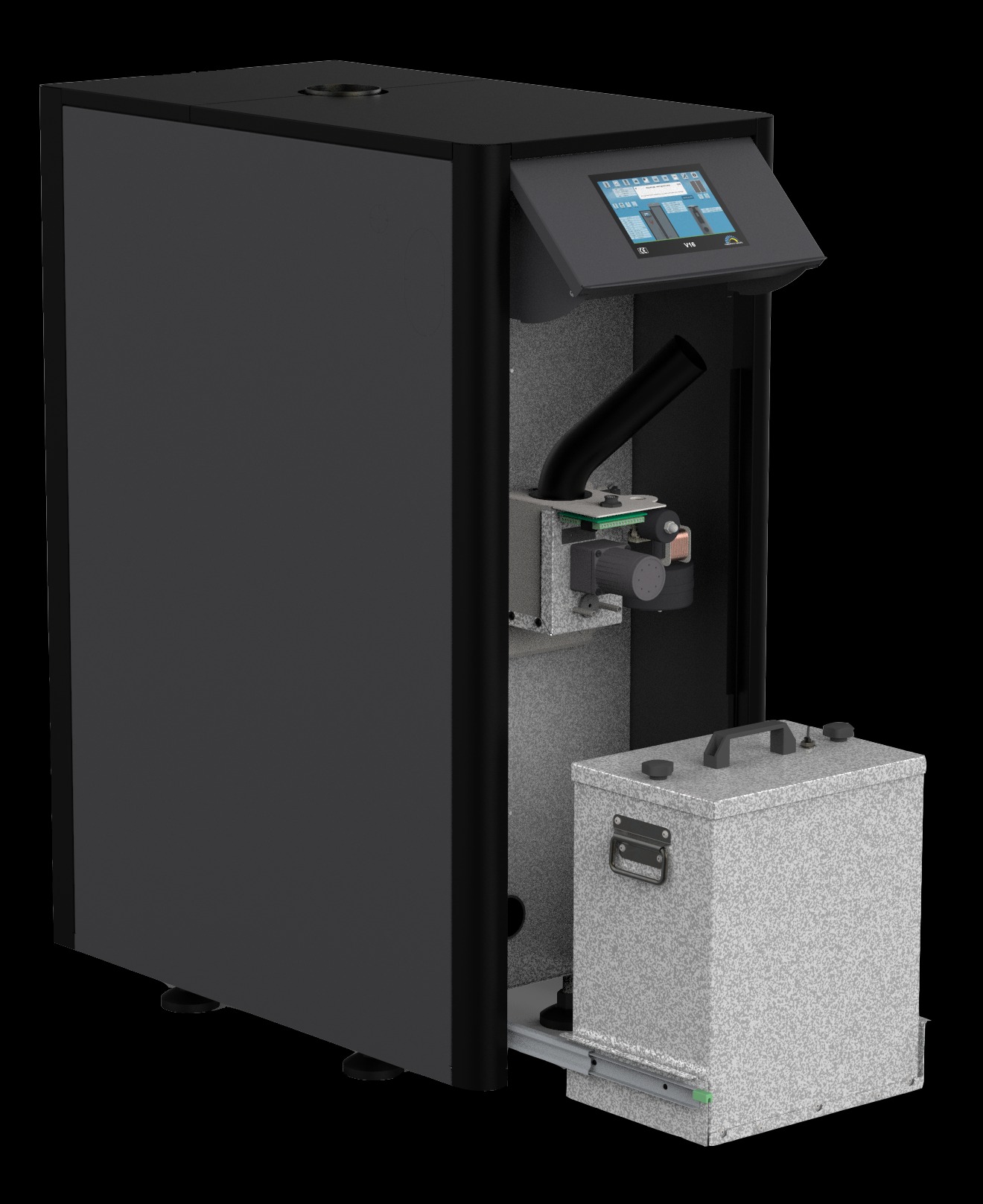 Nowoczesny piec na pellet z czarną obudową, widoczne wewnętrzne komponenty, w tym podajnik i sterownik z ekranem dotykowym.