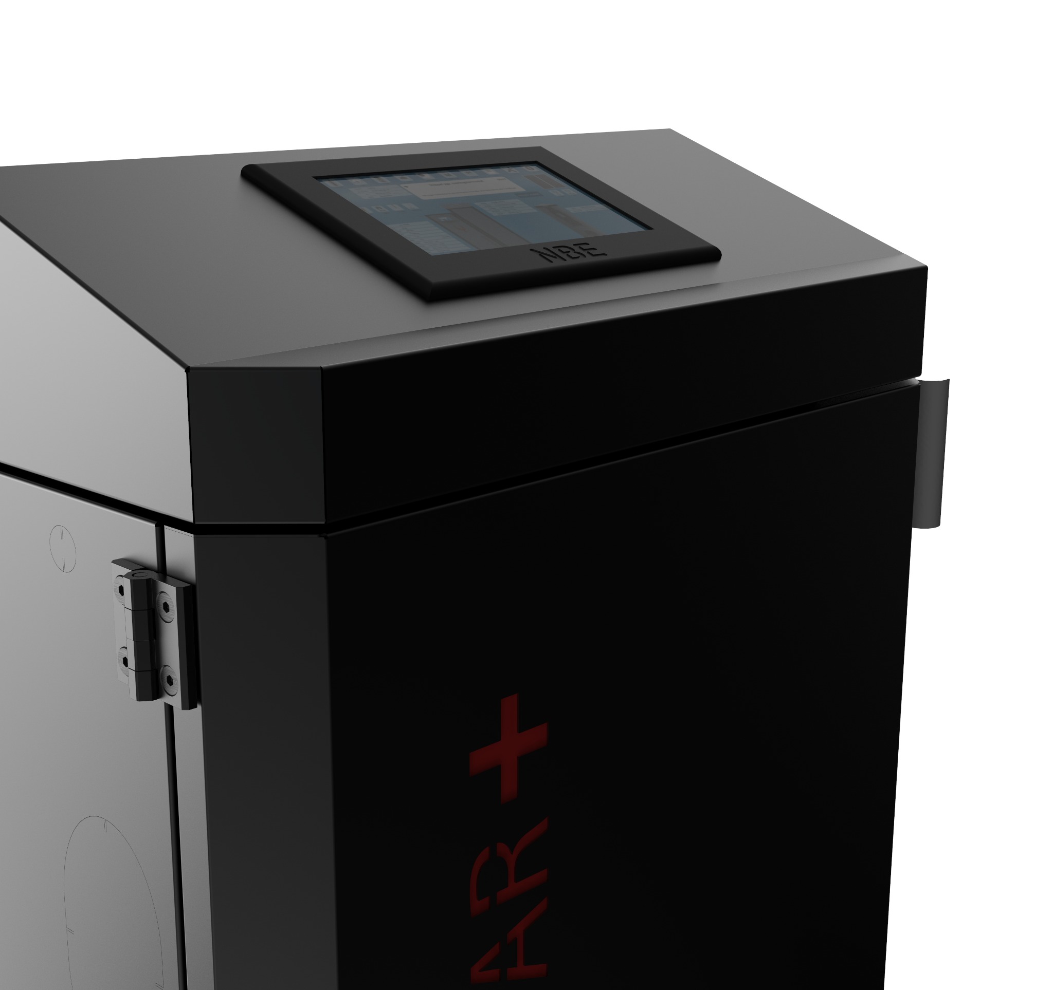 Szary szafkowy panel sterowania z dotykowym ekranem marki MBE, z widocznymi zawiasami i czerwonym napisem AR+