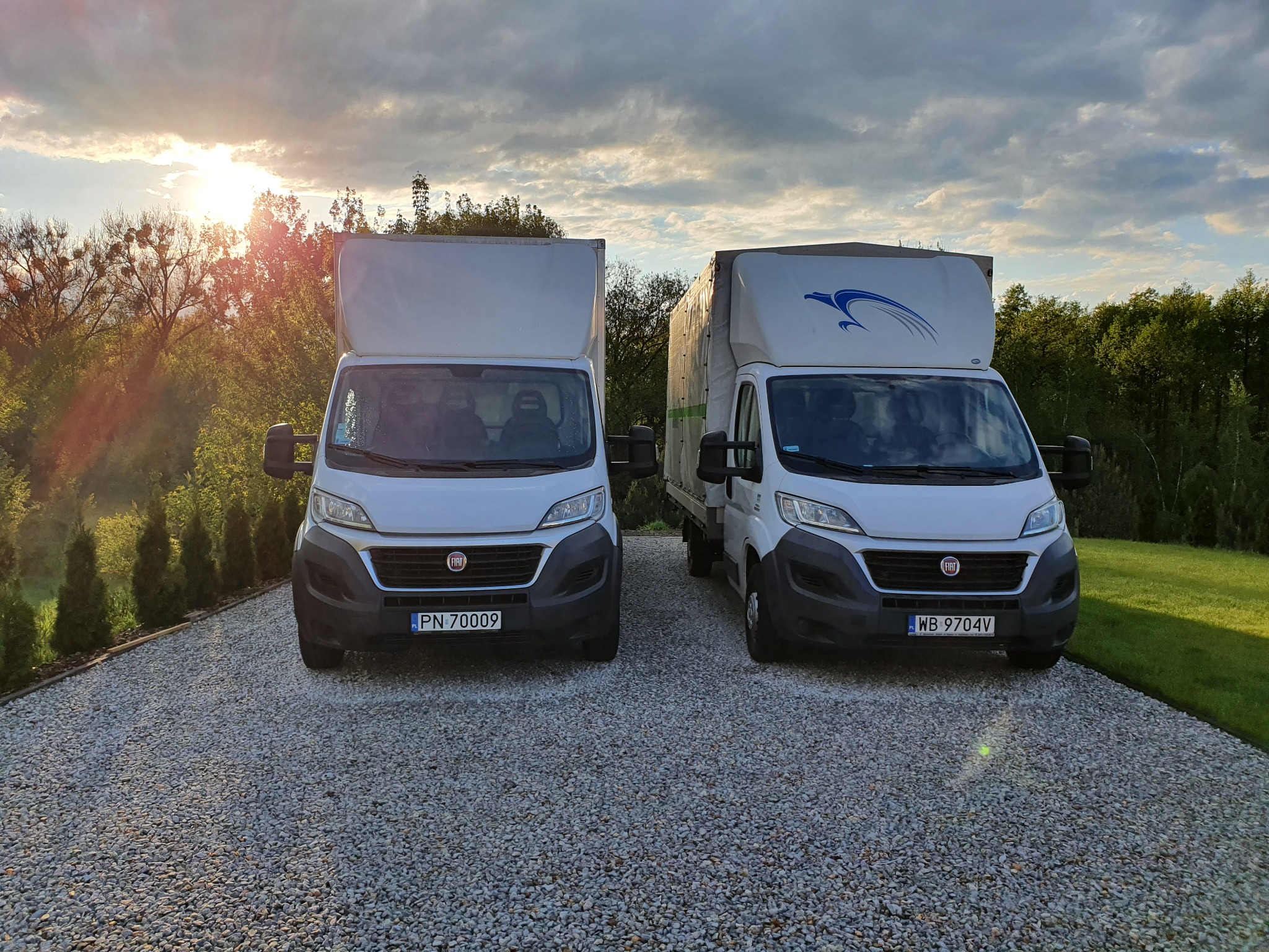 Dwa białe busy dostawcze Fiat Ducato zaparkowane na żwirowym podjeździe przed zielonym ogrodem, jeden z logo firmy transportowej na nadbudowie.