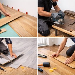 M&M PUR - Montaż paneli podłogowych w czterech ujęciach: układanie, docinanie, dopasowywanie i wykańczanie. Widoczne narzędzia i różne odcienie paneli.