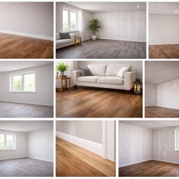 M&M PUR - Kolaż wnętrz: jasne pokoje z panelami podłogowymi w różnych odcieniach brązu i szarości, niektóre z meblami i oknami, ukazujące wykończenie podłóg.