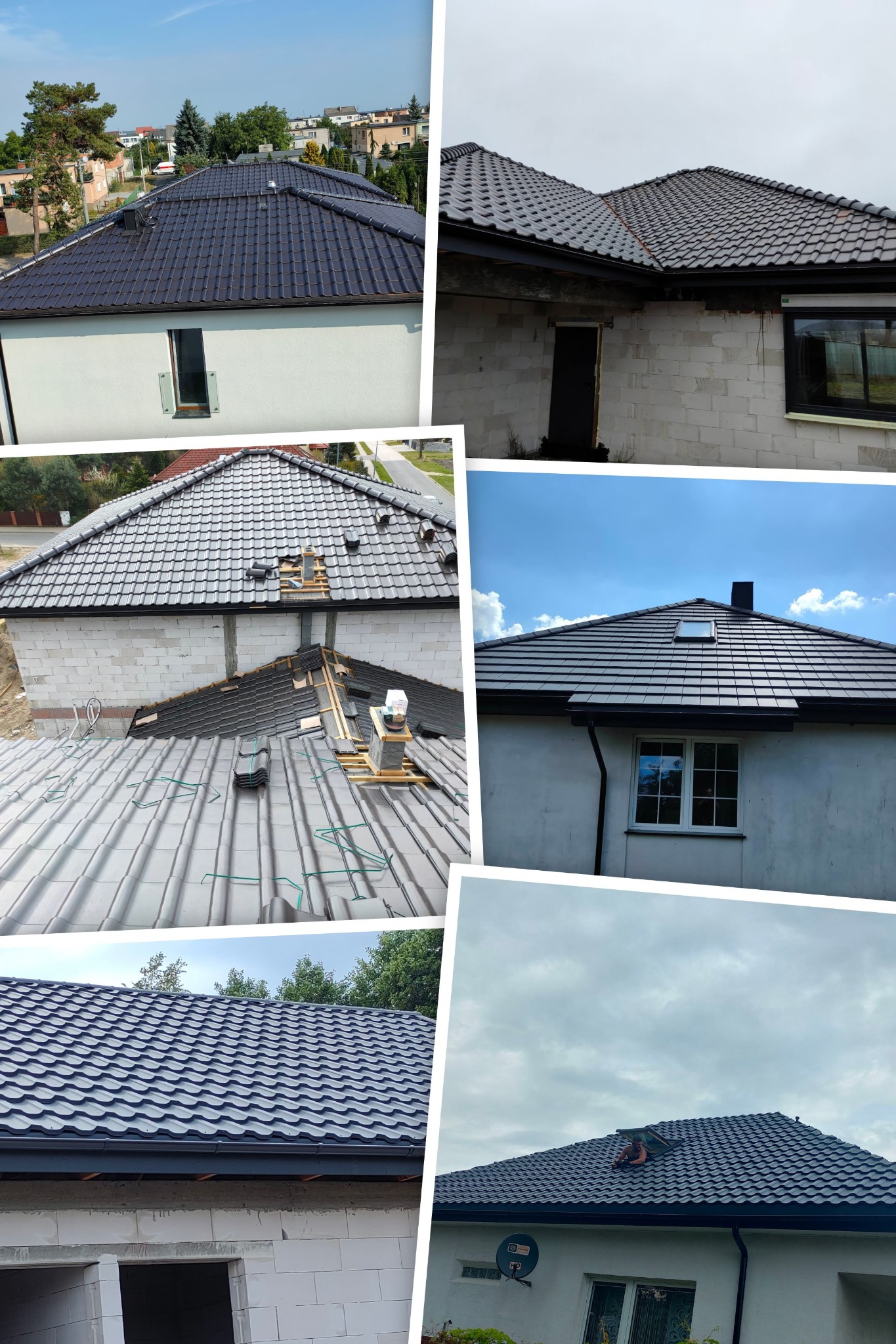 Montaż ciemnoszarej blachodachówki na nowym domu z białymi ścianami, widoczne fragmenty dachu w trakcie budowy, komin wentylacyjny, okno dachowe i rynny.