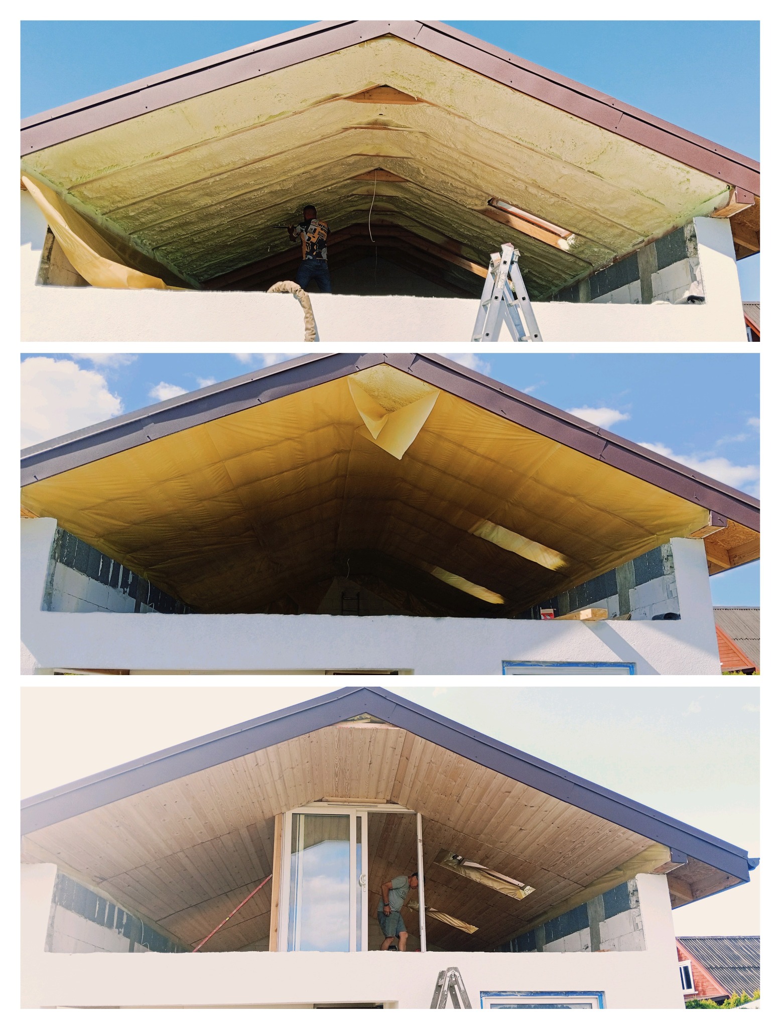 Izolacja piana PUR, położenie folii paroizolacyjnej, założenie boazerii drewnianej( 2dni 80m2)