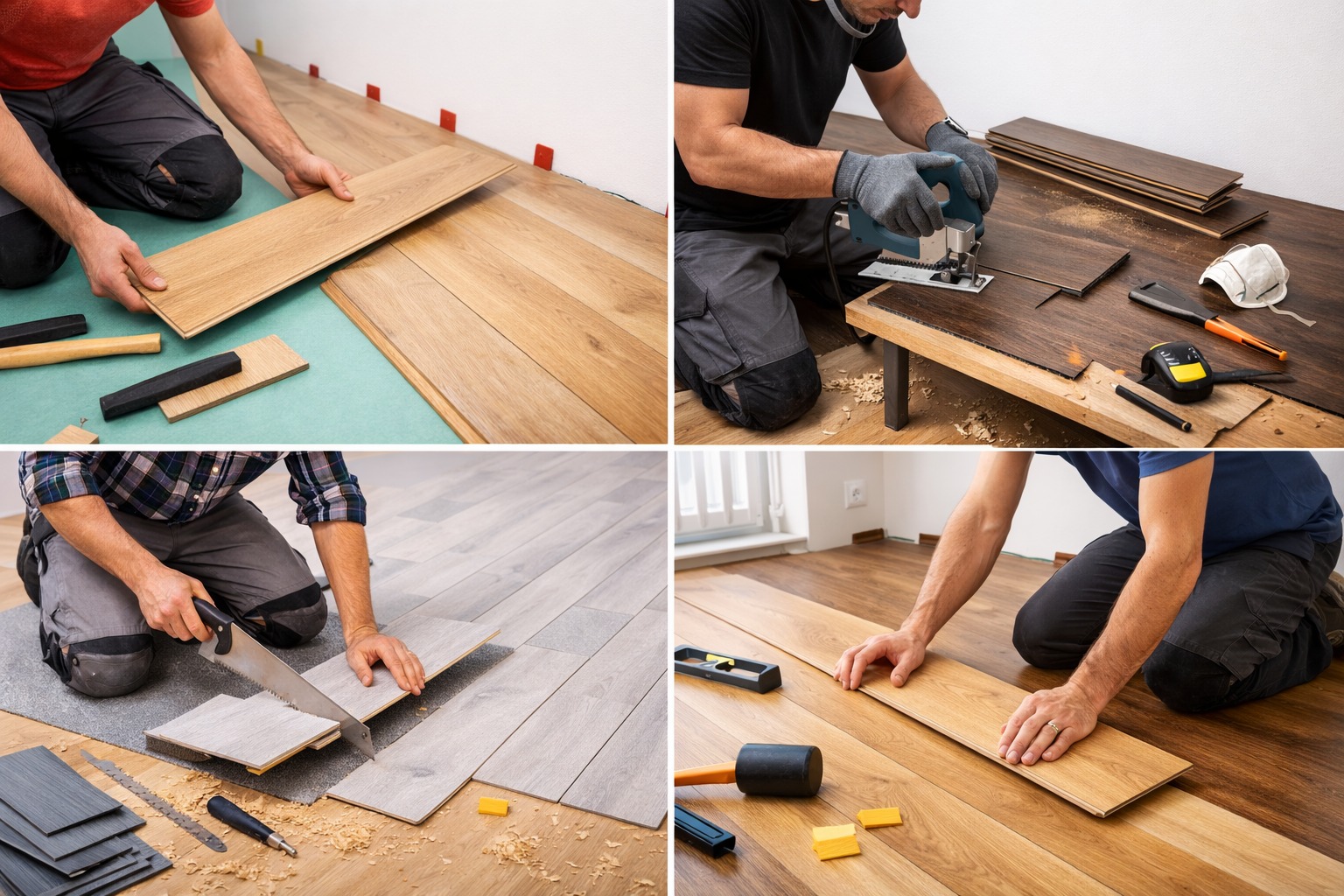 Montaż paneli podłogowych w czterech ujęciach: układanie, docinanie, dopasowywanie i wykańczanie. Widoczne narzędzia i różne odcienie paneli.