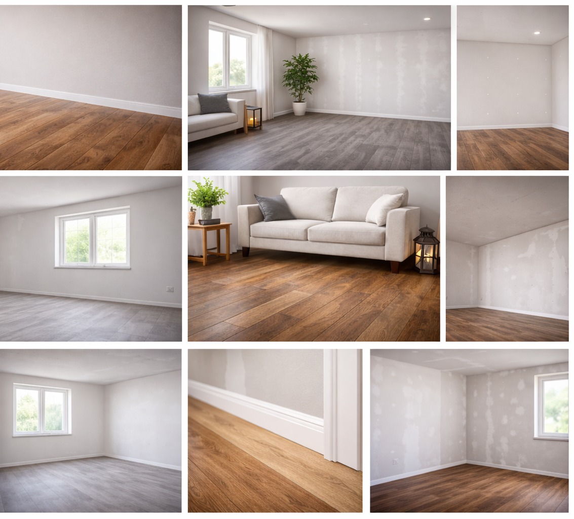 Kolaż wnętrz: jasne pokoje z panelami podłogowymi w różnych odcieniach brązu i szarości, niektóre z meblami i oknami, ukazujące wykończenie podłóg.