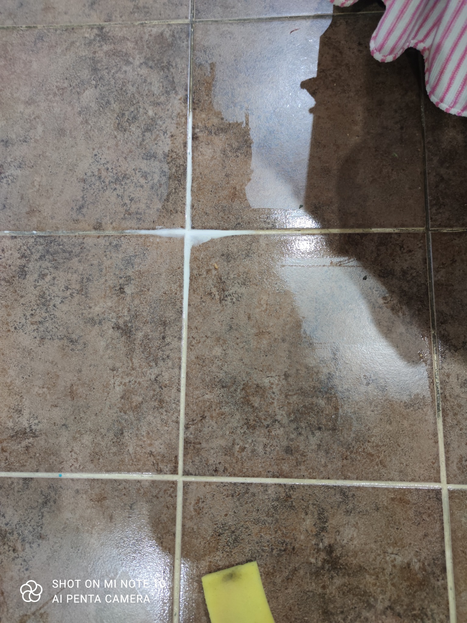 Czyszczenie fug na brązowych płytkach podłogowych, widoczna gąbka i ślady wilgoci.