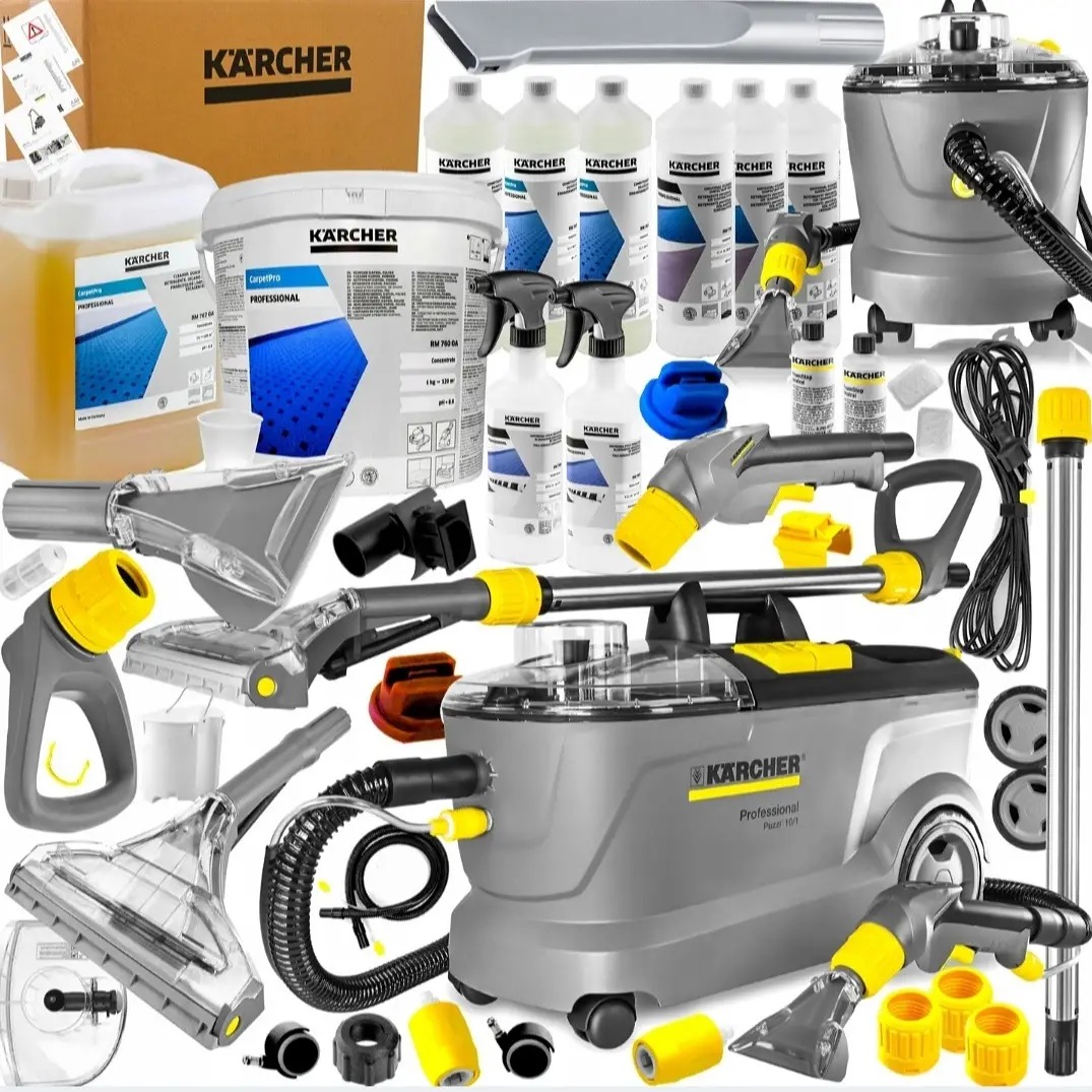 Zestaw profesjonalnych urządzeń i środków czyszczących Kärcher do czyszczenia tapicerki, dywanów i powierzchni tekstylnych, zawierający odkurzacze piorące, dysze, koncentraty i rozpylacze...