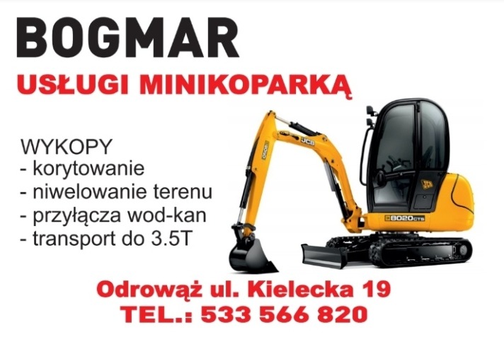 Żółta minikoparka JCB 8020CTS na białym tle z informacjami kontaktowymi firmy BOGMAR, oferującej usługi minikoparką, w tym wykopy, niwelowanie terenu, przyłącza wod-kan i transport do 3.5T.