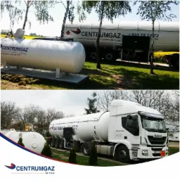 Dwa ujęcia: Stacjonarny zbiornik na gaz i cysterna na podwoziu ciężarówki z logo Centrumgaz, na tle zieleni i pól.
