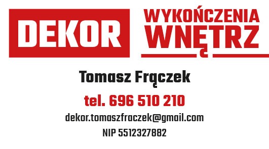 Wizytówka firmy DEKOR Wykończenia Wnętrz Tomasz Frączek z numerem telefonu, adresem email i NIP.