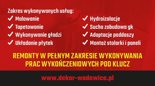 Grafika reklamowa firmy remontowej z Wadowic, oferującej szeroki zakres usług wykończeniowych, w tym malowanie, tapetowanie, wykonywanie gładzi, układanie płytek, hydroizolacje, suchą zabudowę GK...