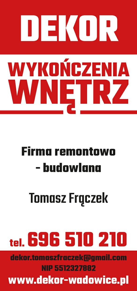 Wizytówka firmy remontowo-budowlanej DEKOR Wykończenia Wnętrz Tomasz Frączek, z numerem telefonu 696 510 210, adresem e-mail dekor.tomaszfraczek@gmail.com, NIP 5512327882 i adresem strony...