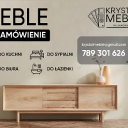 Grafika reklamowa firmy Krystal Meble z Warszawy, oferującej meble na zamówienie do kuchni, sypialni, biura i łazienki, z numerem telefonu i adresem email.