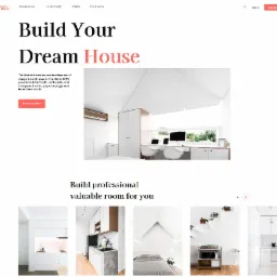 Strona internetowa z minimalistycznym designem przedstawiająca wnętrze biura domowego z dwoma komputerami, laptopem i białymi krzesłami na tle białych ścian i szafek z drewnianymi akcentami.