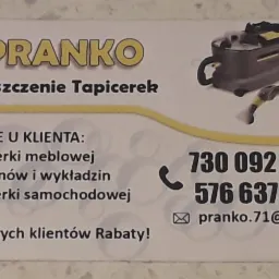 Wizytówka firmy 'PRANKO' oferującej czyszczenie tapicerek, z ilustracją odkurzacza piorącego, informacją o praniu u klienta (tapicerki meblowej, dywanów i wykładzin, tapicerki samochodowej...