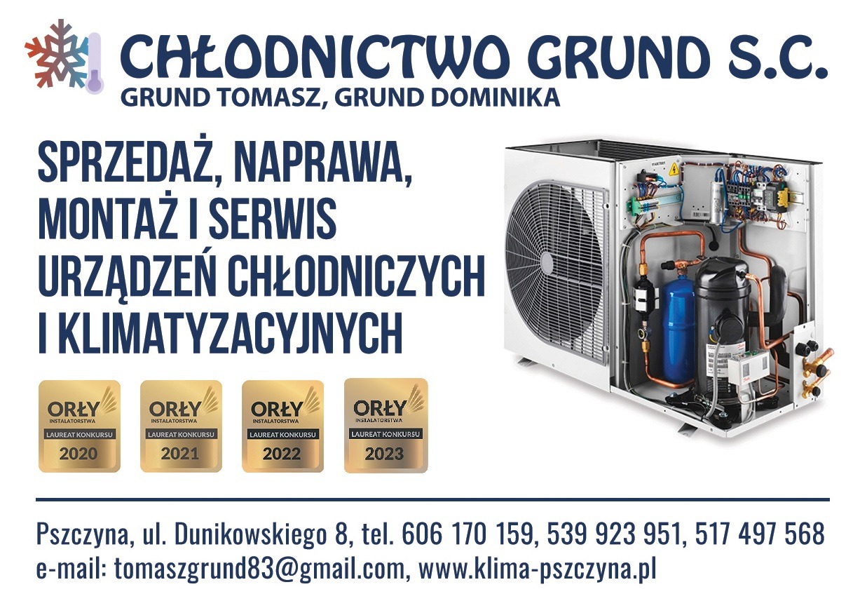 Reklama firmy Chłodnictwo Grund S.C. z Pszczyny, oferującej sprzedaż, naprawę, montaż i serwis urządzeń chłodniczych i klimatyzacyjnych, z widocznym agregatem zewnętrznym i nagrodami Orły...